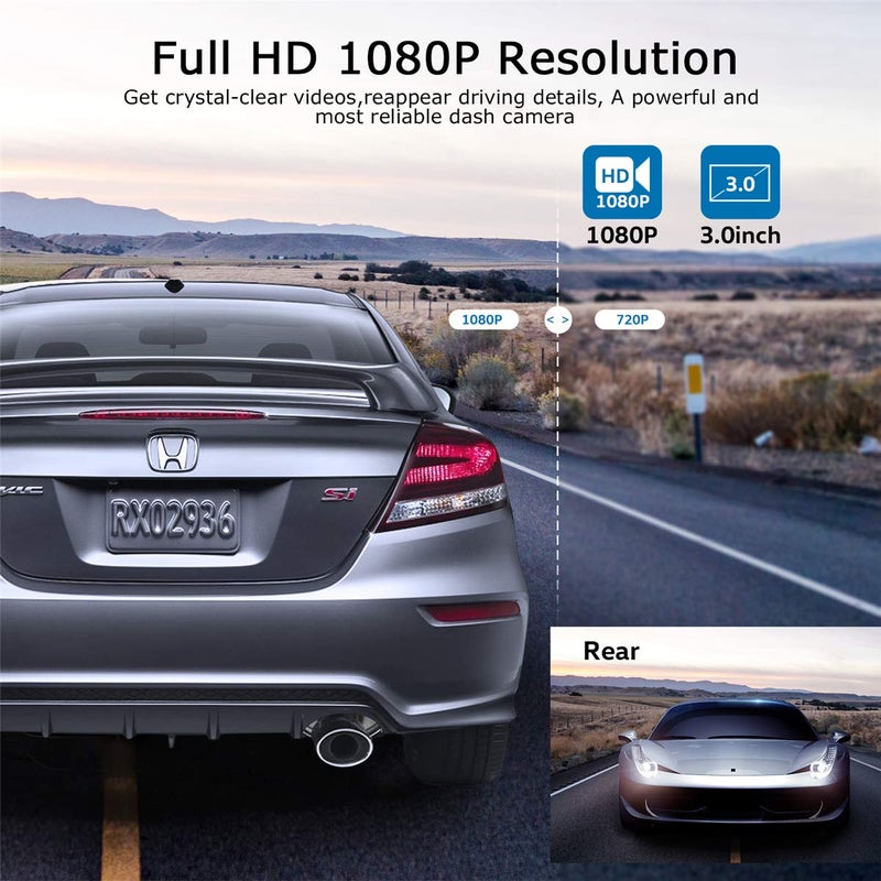 ORSKEY Dash Cam Front and Rear 1080P Full HD Dual Dash Camera in Car Camera Dashboard Camera Dashcam for Cars 170 Wide Angle with 3.0" LCD Display Night Vision and G-Sensor - Image 4